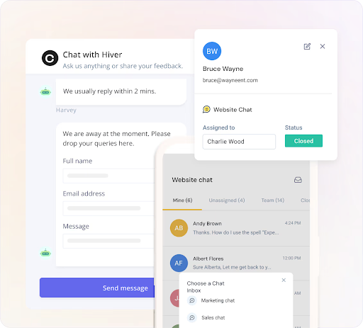 Hiver's live chat feature lets you chat with website visitors in real-time