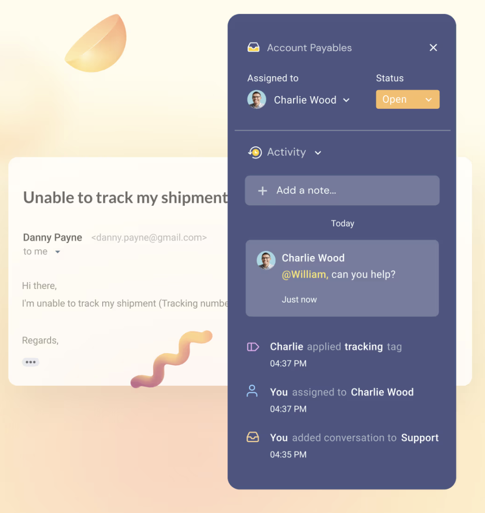 Hiver allows you to to write email notes where you can ask colleagues for help