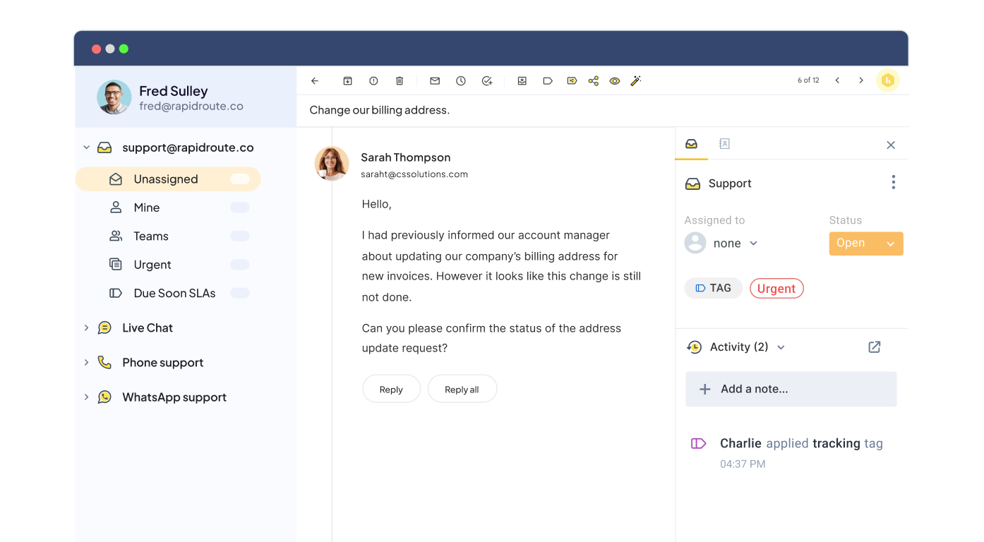 Hiver's customer service software UI