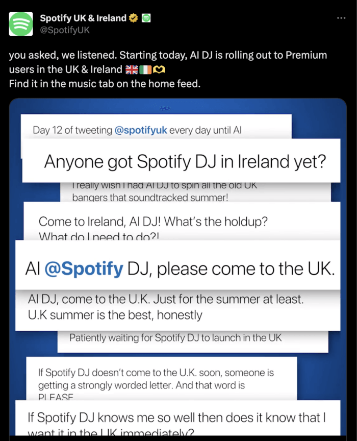Spotify UK & Ireland tweet announcing the rollout of AI DJ to Premium users in the UK and Ireland, overlaid with user tweets requesting the feature to be launched in those regions.