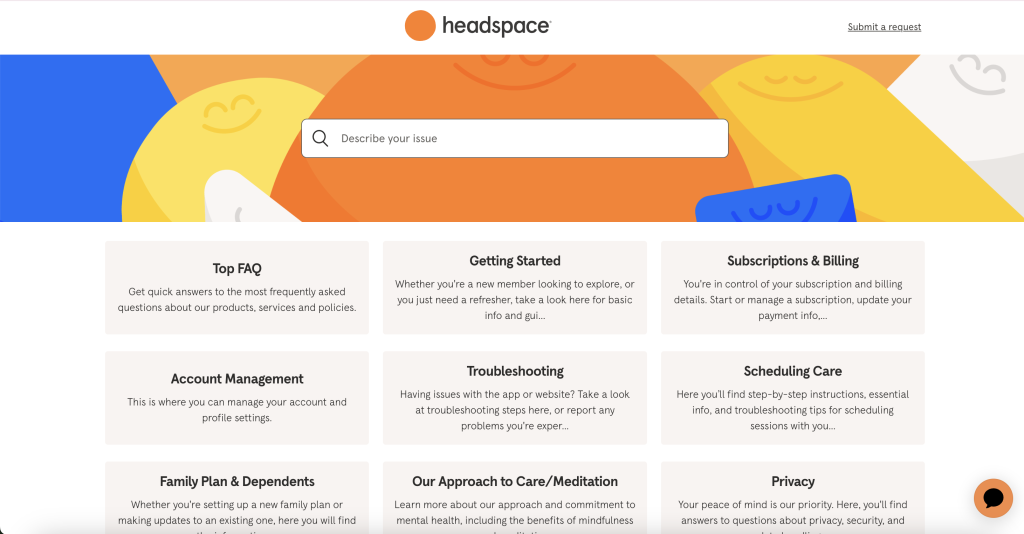 Screenshot of Headspace's help center showing a search bar and categorized support topics like FAQs, Account Management, and Troubleshooting.