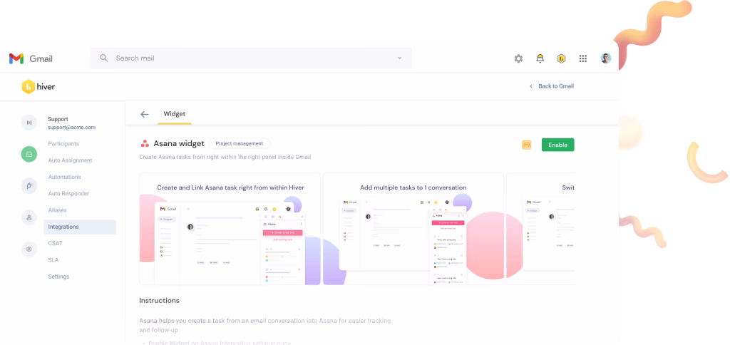 Screenshot showing Hiver’s integration with Asana inside Gmail, allowing users to create and link tasks, add multiple tasks to a conversation, and manage projects without switching tabs.
