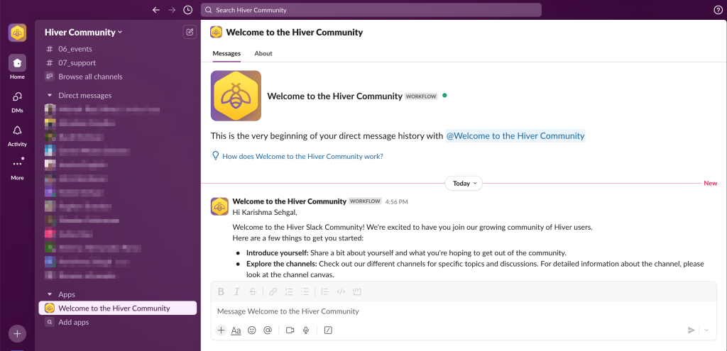 Screenshot of Hiver’s Slack Community welcome message, encouraging new users to introduce themselves and explore topic-specific channels for discussions and support.