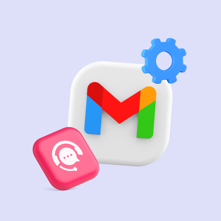 Icon of Gmail, next to a smaller pink chat bubble icon, all set against a light purple background with a blue gear symbol in the top right.