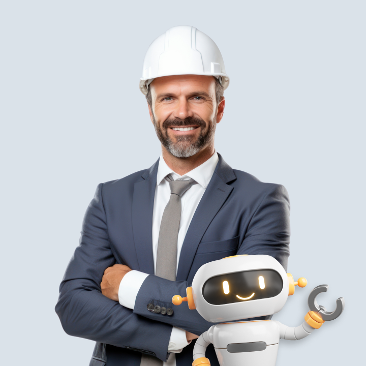 AI robot with human highlighting innovative AI-driven manufacturing solutions.