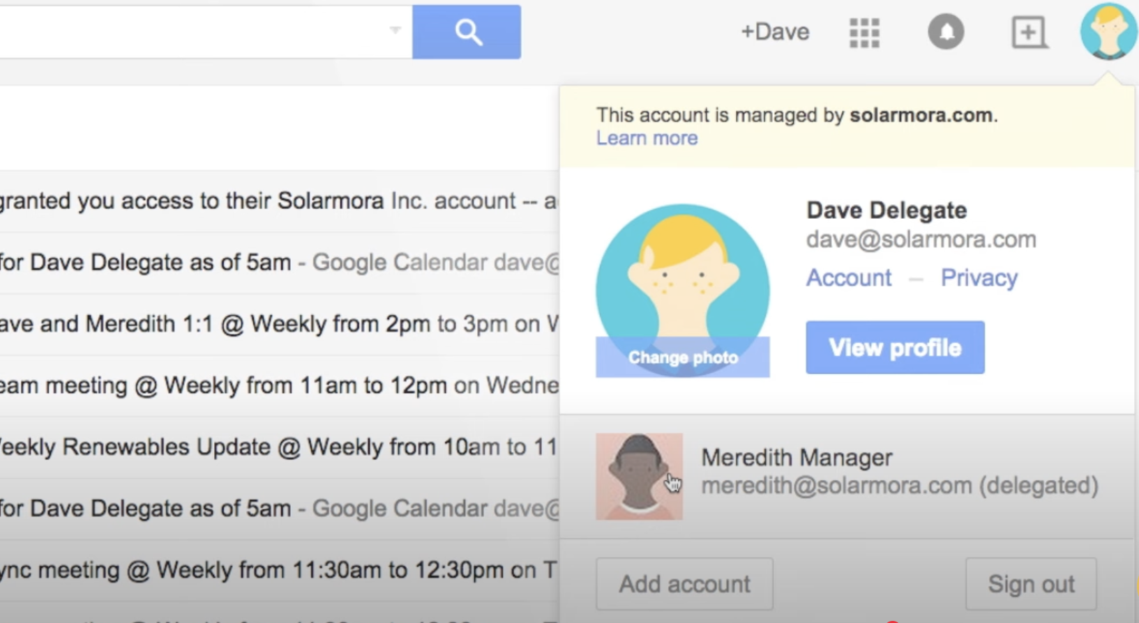 Delegated accounts in Gmail